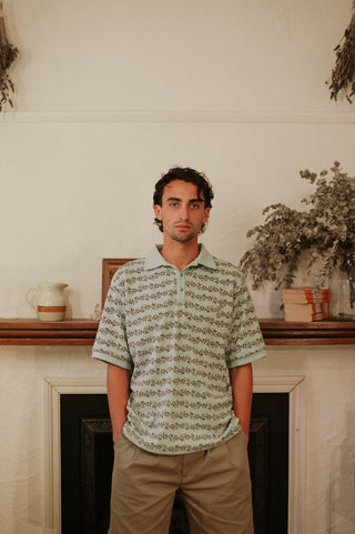 Parklands Waffle Polo - Eucalyptus Stripe